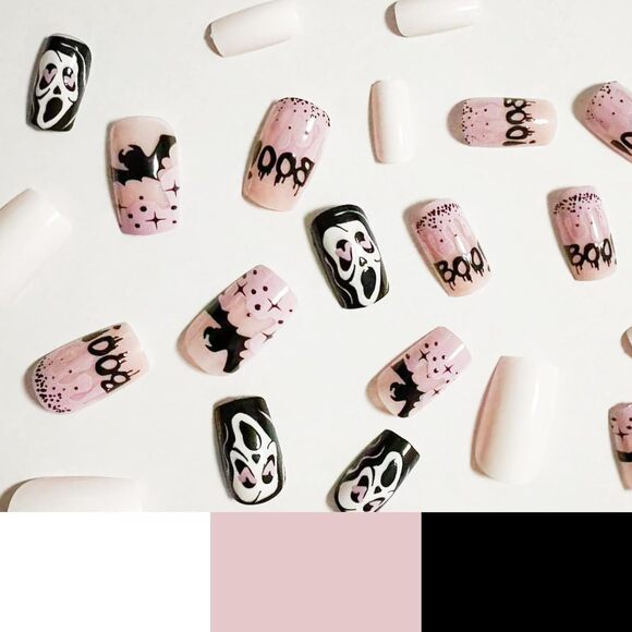 24 Pcs Halloween Press on Acrylic Nails Short Square Pink Ghost Bat Design fake - Picture 3 of 6